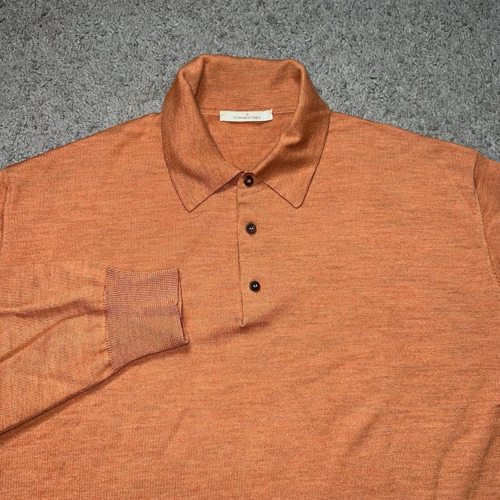 Ermenegildo Zegna Orange 100% Wool Long Sleeve Polo Sweater Made in Italy Men XL